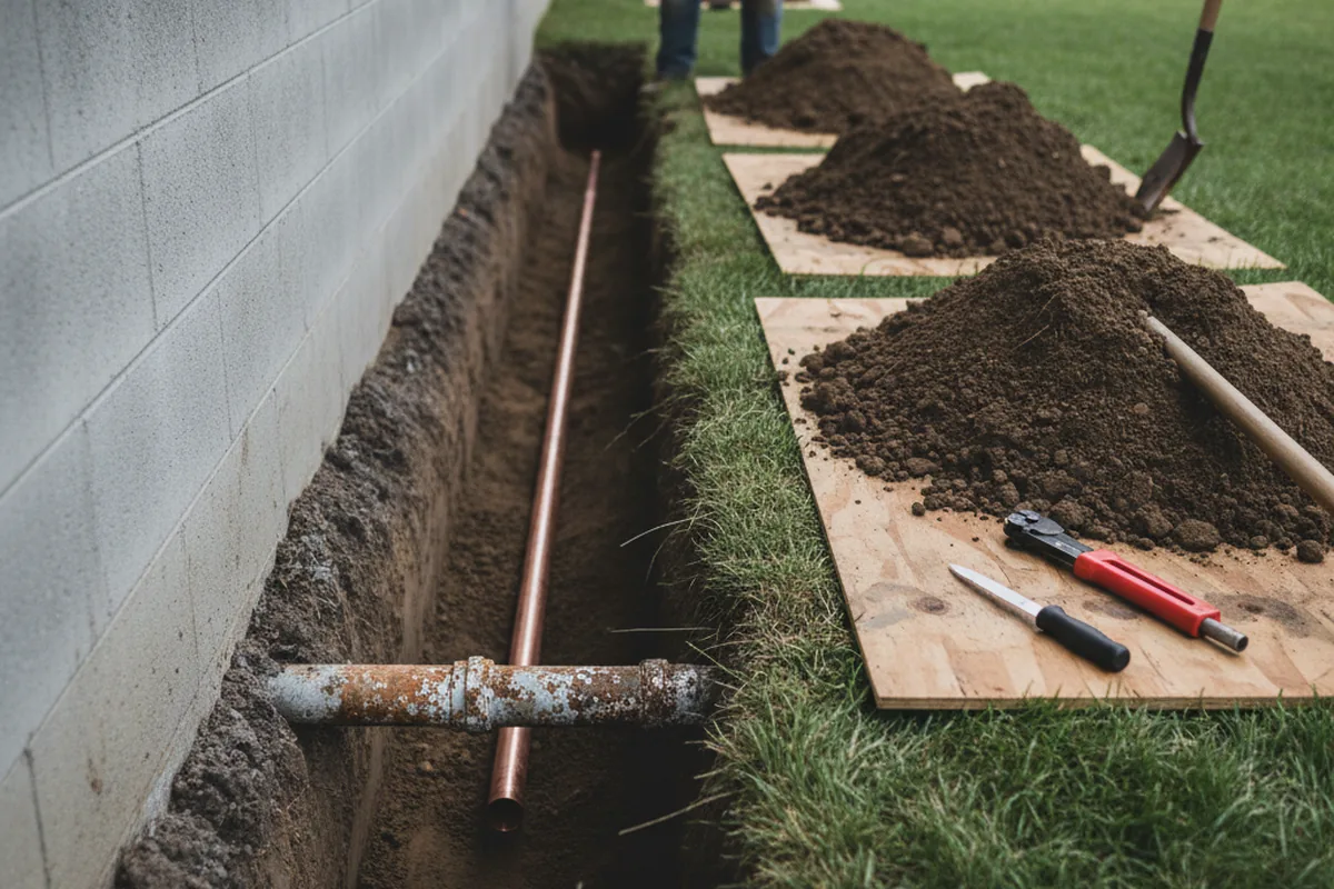 Excavated water line trench during Water Softener Installation in San Juan Capistrano